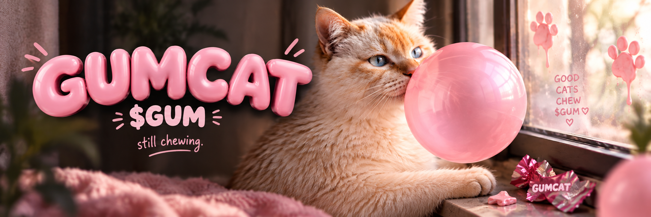 GUMCAT — $GUM, still chewing. An orange cat blows a pink bubble by a sunny window; good cats chew GUM.