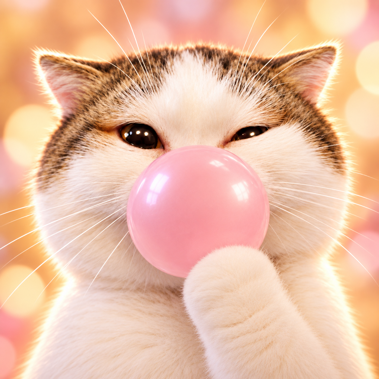 GUMCAT blowing a glossy pink bubble