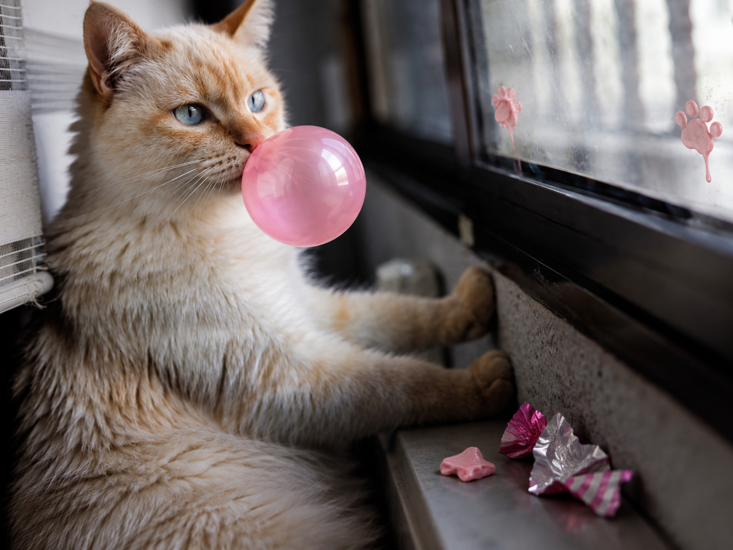 An orange cat by a sunny window, blowing pink gum beside tiny paw prints